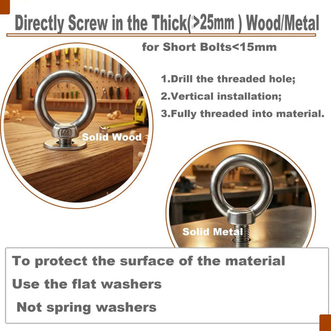 Stainless M4 Eyebolt 0.39 Inch Short Eye Bolt With Threaded Ring Locking Nut And Washer installed in wood and metal for DIY projects
