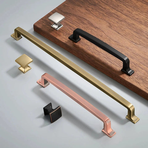 Assorted cabinet handles and pulls on wood board, featuring 2 Pack 12 Inch Cabinet Handles Champagne Bronze Warm Brass Cabinet Pulls