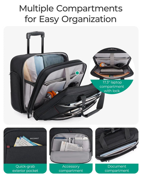 Rolling Laptop Bag With Wheels For 17.3 Inch Laptop, 40 Liter Capacity, Telescoping Handle, TSA Lock, multiple compartments