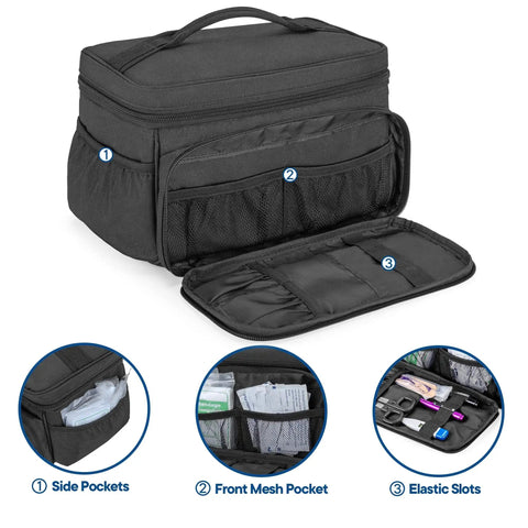 Durable 600D Nylon First Aid Kit Bag With Quick Access Top Mesh Pockets And Three Inner Pouches Grab And Go Portable Trauma Organizer shown open