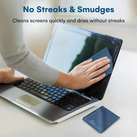 Person cleaning a laptop screen with a microfiber cloth from the Microfiber Cleaning Cloths For Glasses And Screens 6 Pack Large Lint Free