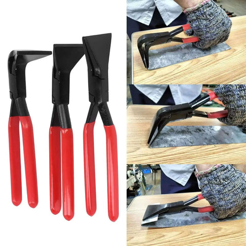 Pro Grade Metal Bending Pliers for Sheet Metal with 3 jaw sizes, demonstrating straight, 45° and 90° bends on metal sheet