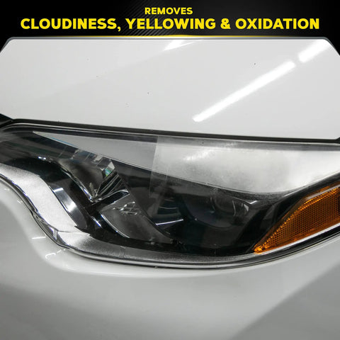 Close-up of a clear headlight, demonstrating clarity restoration using Crystal Clear Plastic Polish That Restores Clarity By Eliminating Oxidation And Fine Scratches For Headlights And Plastic Surfaces, Easy Manual Application With Foam Pad By Meguiars PlastX 296 ML.
