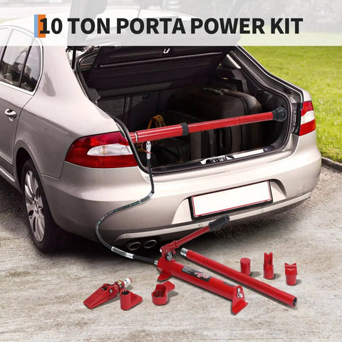 10 Ton Hydraulic Porta Power Kit With Wheeled Case Ram Pump Hose For Automotive demonstrated at a car trunk