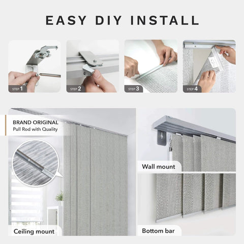 Cordless 4 Rail Sliding Panel Track Blinds installation steps and components details.