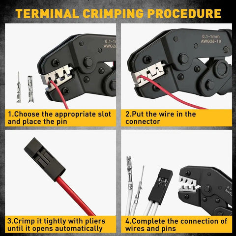 Instructional guide on using the ratcheting crimping tool from the 2020 Piece XH 2.54mm Connector Kit for terminal connections