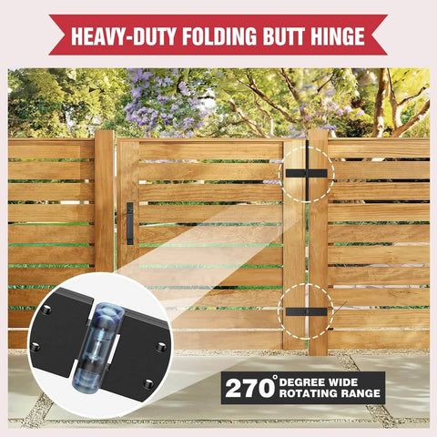 Heavy Duty Gate Hinges 270 Degree Adjustable Fold Flat For Wooden Fence Barn Door Shed Exterior Gates Pair Black installed on wooden gate