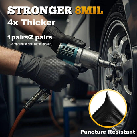 Heavy Duty Black Nitrile Gloves 8 Mil XL With Diamond Texture And Powder Free used in automotive wheel installation
