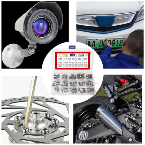 Collage showing an installed security camera, a person installing a plate, Torx Security Screws 150Pcs set, brake disc screws, and motorcycle modifications.