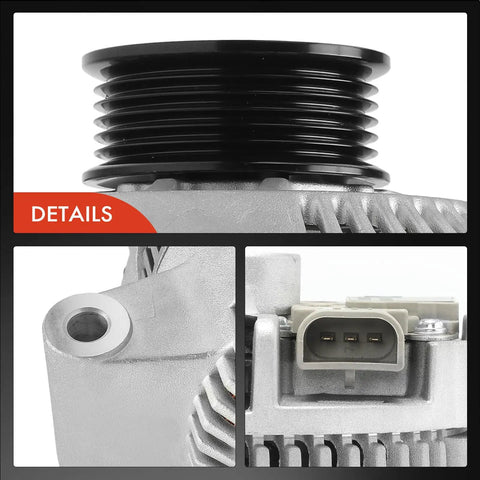 Detailed view of Beefy 95 Amp 12V 6 Groove CW Alternator Replacement For Ford F Series F150 F350 Explorer E150 Econoline Club Wagon E250 Ranger Mazda B2300 Mercury Tracer 12V 95A High Output Auto Part, showing pulley and connector.