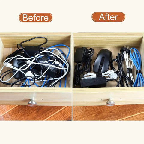 Drawer with tangled cords before and organized cords using 120 Pack 6 Inch Reusable Cable Ties Set For Home And Office Use, Five Colors.