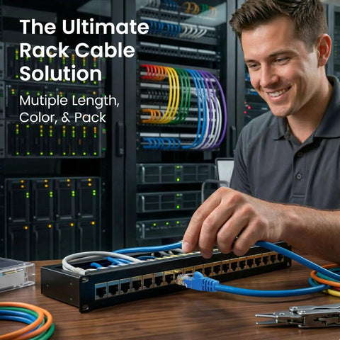 Man connecting Cat6 Ethernet Cable Pack 20 Count 10 Ft Patch Cables With Snagless Gold Plated RJ45 Connectors in data center