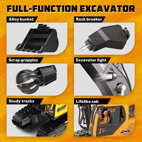 3 In 1 Remote Control Excavator Toy with interchangeable tools including alloy bucket, rock breaker, grapples, and light.