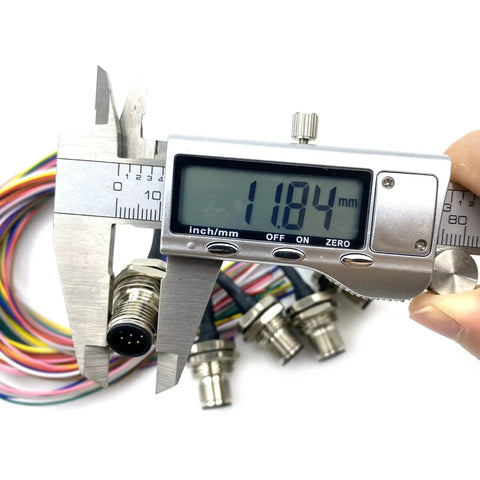Caliper measuring Two Pack M12 8 Pin A Code Front Mount Male Connector Cable IP67 Waterproof, wires visible