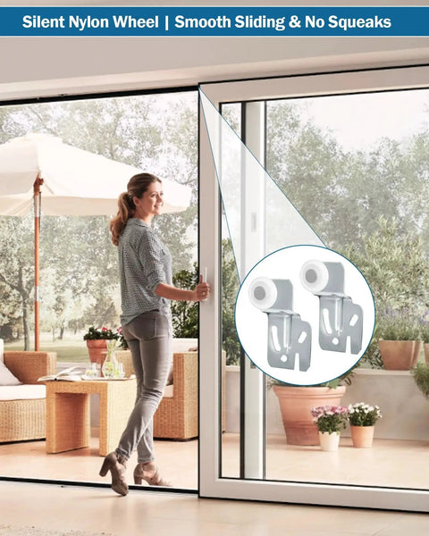 Sliding Closet Door Roller Replacement Kit 10 Pcs Includes 2 N6560 And 8 MP6501 Rollers shown in use on a sliding door.