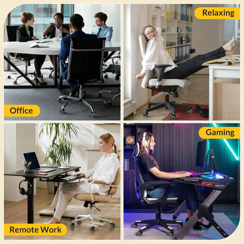 Office chairs with 2-inch replacement casters used in different settings: meeting, relaxing, remote work, and gaming.