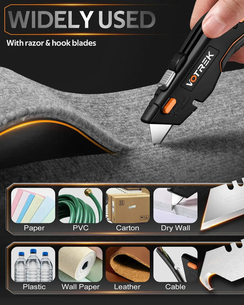 Two In One Retractable Box Cutter With Safety Lock For Home And Warehouse cutting through felt, showing various material uses.