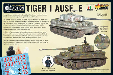 Tiger I Ausf E 1 To 56 Scale German Army Plastic Tank Kit For Bolt Action Tabletop Battles 28mm Miniatures box art with decals