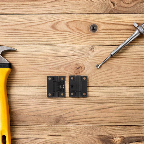 Plastic Folding Cabinet Door Hinges OSALADI 90 Degree Right Angle Torque on wooden surface with tools