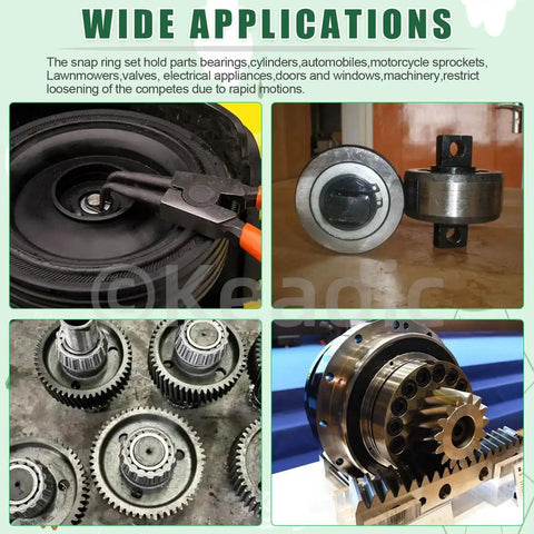 211 Piece E Clip Assortment Kit With 14 Sizes External Retaining Rings used in automotive and machinery applications, various installations shown.