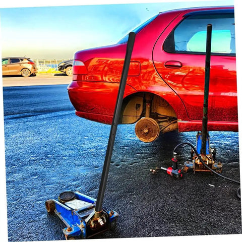 3 Ton Floor Jack Handle Replacement For Automotive Jacks That Fits Pittsburgh Floor Jack Parts And Other Horizontal Hydraulic Car Jacks For Easy Lifts And Smooth No Hassle Operation In Home Or Shop, shown with a red car and jack setup.