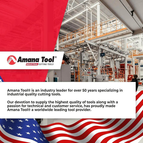 Amana Tool industrial cutting tools advertisement with factory and American flag background