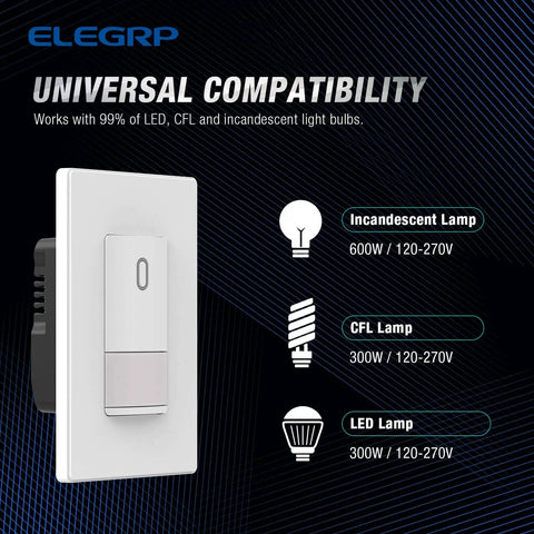 Single Pole Motion Sensor Light Switch With 120 Degree PIR Coverage, UL Listed, Matte White for CFL LED Incandescent Bulbs Compatibility