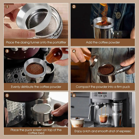 Step-by-step use of 51mm Espresso Accessories Kit With WDT Tool Dosing Funnel Puck Screen Set 316 Stainless Steel Needle Coffee Distribution Stirrer For Delonghi 51mm Portafilters And Home Barista Espresso Machines.