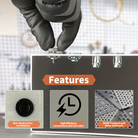 Close-up of All In One Jack Nut Installation Tool Set for Thin Metal Plastic and Wood Panels being installed on metal