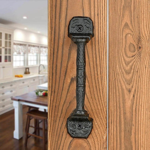 4 Pack 5.51 Inch Cast Iron Sliding Barn Door Handles Black Vintage Gate Pulls For Outdoor Garage Closet Interior And Drawer Antique Long Cabinet Handles Rustic Rustproof Durable on wooden door