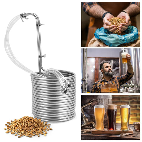 Immersion wort chiller coil, 1/2 in x 50 ft, stainless steel with clear tubing for beer brewing
Grains being poured from gloved hands into a bag for brewing
Bearded brewer in plaid shirt inspecting a glass of beer in a brewery
Beer flight with four glasses of varying colors on a bar