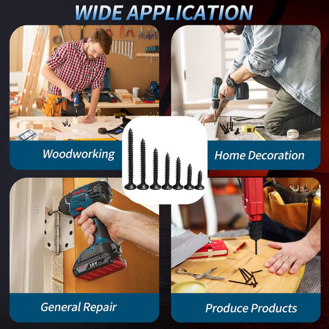 Wood Screws Assortment Kit, 190 High Hardness Pro Grade Drywall Screws With Phillips Drive Flat Head, 7 Different Sizes, Black Coated Wood Screws Set, Ideal Nails For Sheetrock, Drywall, Woodworking And Home Improvement Projects in use for various applications like woodworking, home decoration, general repair, and product production.