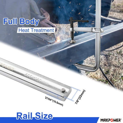 Heavy Duty F Clamp Set, 16 Inch Opening, 4.75 Inch Throat Depth, shown at work on metal frame, rail size details