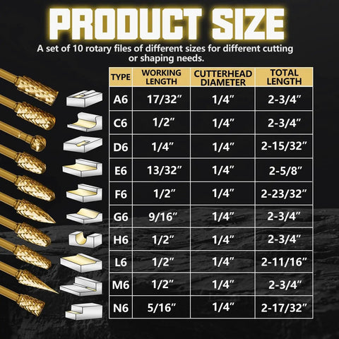 Product size chart for Gold Titanium Carbide Burr Set for Die Grinder, listing dimensions of 10 tungsten carbide rotary files.