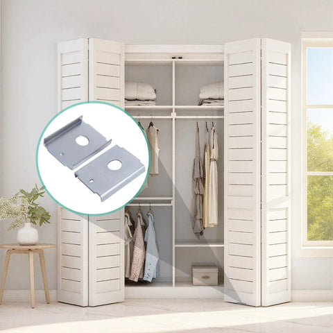 Image of a closet with bifold doors and a close-up of the Four Pack Bifold Door Repair Bracket Kit For One And Three Eighths Inch Doors