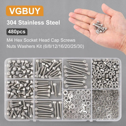 480 Piece M4 Screws Assortment Kit For 3D Printer And DIY Projects With Hex Socket Head Cap Screws In 6mm 8mm 12mm 16mm 20mm 25mm 30mm, Includes Nuts, Lock Washers And Flat Washers, Made Of 304 Stainless Steel.
