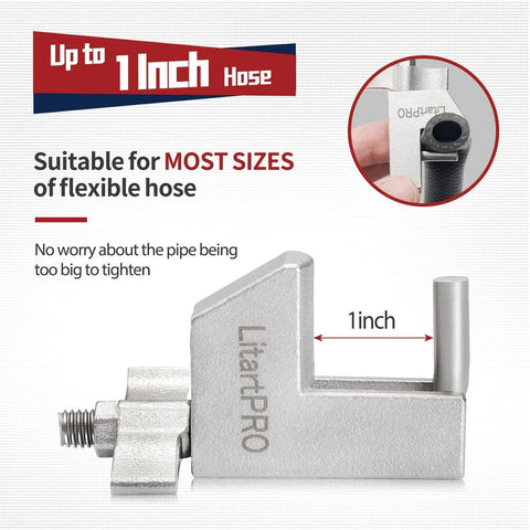 Front view of 304 Stainless Steel Hose Pincher Set Of 2, used for flexible hoses up to 1 inch, featuring butterfly type handle.