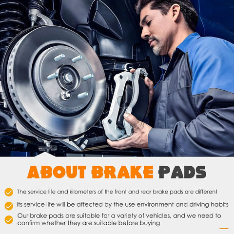 4-pack rear ceramic brake pads being installed by a mechanic; rotor and caliper visible.