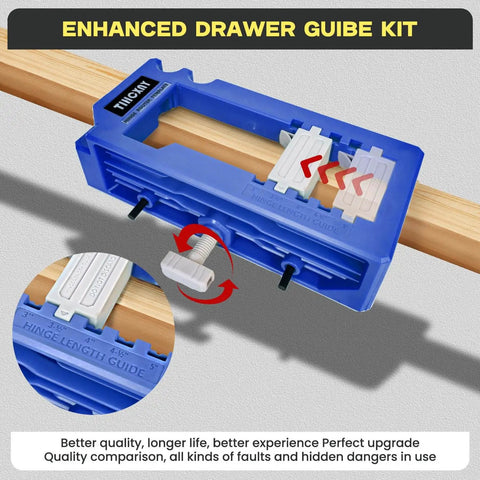 Enhanced drawer guide kit in blue with hinge length guide on wooden surface.