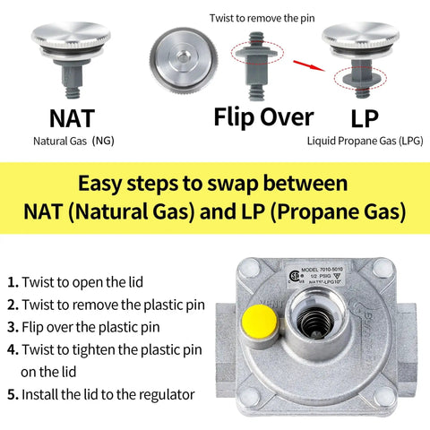 Instructions to swap NAT and LP on gas regulator for grills and heaters, showing steel body and component details.