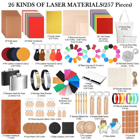Your Go To All In One 257 Piece Laser Material Kit For Engraving And Cutting With 26 Materials Including Acrylic Metal Wood Fabric PU Leather Glass Rock And Rubber For Laser Engravers And Cutters showcased with various material samples.