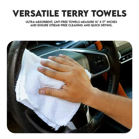Hand cleaning car steering wheel with 60 Pack White Cotton Terry Bar Mop Towels, 14X17 Inches, super absorbent cleaning rags.