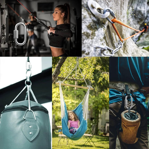 Collage of Two Pack M8 5 16 Inch Heavy Duty Stainless Steel Quick Link Carabiners in various outdoor and exercise setups.