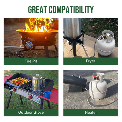 Alloxity 4ft propane regulator with braided hose for QCC1 and 3/8in female fittings; four-use collage.
