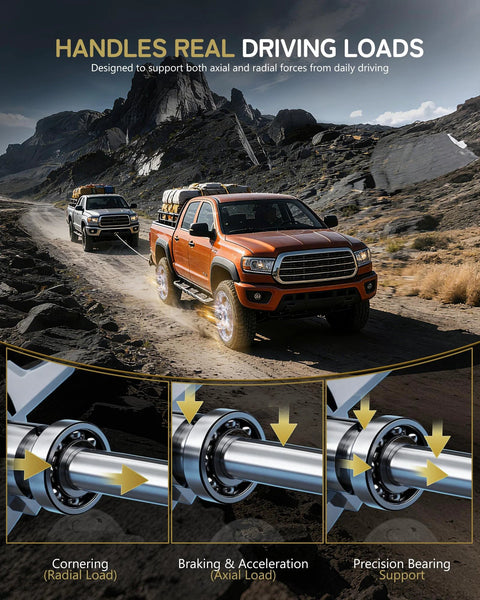 Two trucks driving on rugged terrain, demonstrating wheel bearing support; with illustrations of axial and radial load forces.