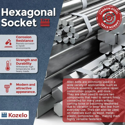 Hexagonal socket carbon steel rods and blocks for automotive repair and construction projects, highlighting corrosion resistance and durability.