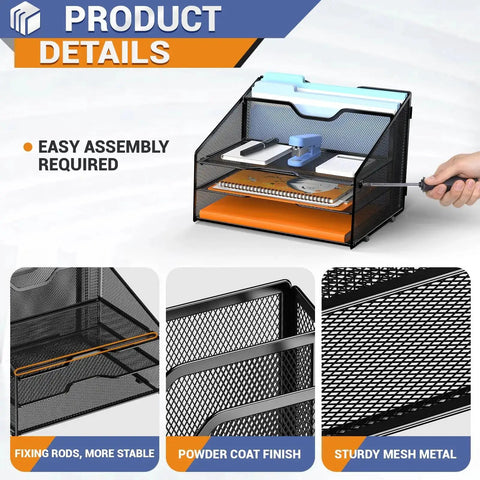 Sturdy Metal Mesh Letter Tray Organizer for your desk with 3 paper trays, 2 vertical uprights, and easy assembly detail.