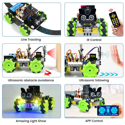 Microbit V2 Robot Car Kit With 4WD Mecanum Wheels, shown in use with sensors, remote control, and smartphone app for STEM projects.