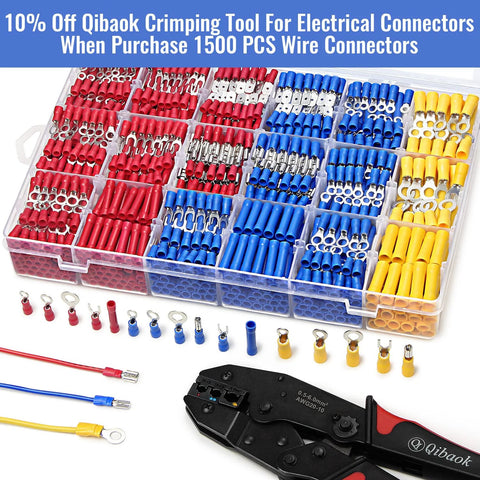 Qibaok 1500pcs insulated copper wire connectors kit with red blue yellow terminals in clear storage box