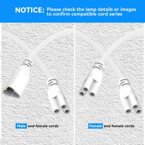 Close-up of male and female 3-pin connectors for Four Pack 6 Foot T5 T8 LED Shop Light Connecting Wires Dual Ended Linkable Cables.